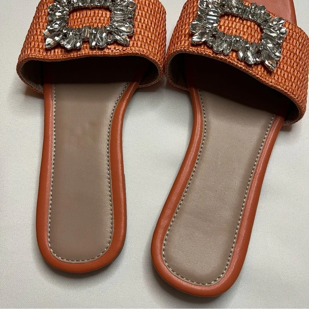 Amazon LVOMU Rhinestone Orange Weave Square Toe Flat Slide Sandals Size EU 38